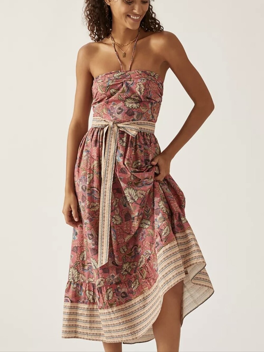 Anthropologie Let Me Be Boho Floral Belted Halter Cotton Maxi Dress, XXS